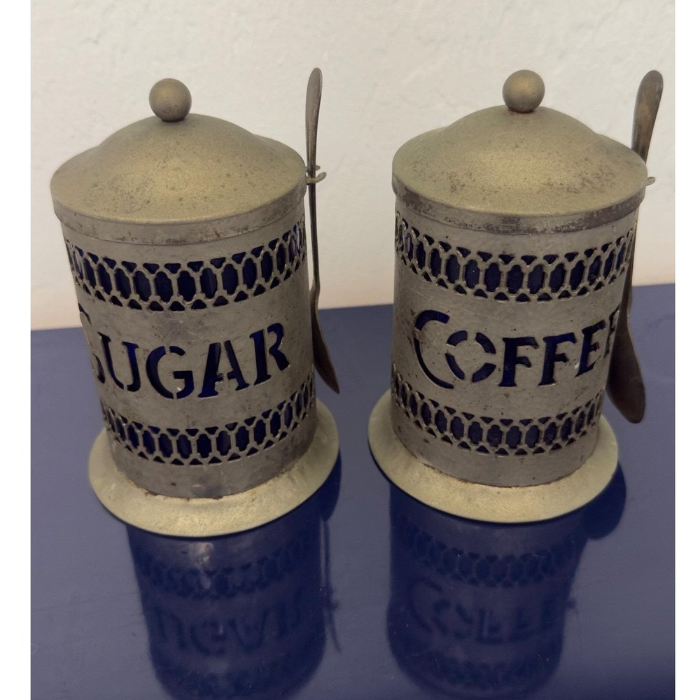 Vintage Savile Row Cobalt Blue Glass‎ Coffee Sugar Canister Set with Spoons